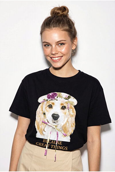 Bianco Lucci Γυναικείο μπλουζάκι με στάμπα και λεπτομέρεια από πούλιες, βασικ...