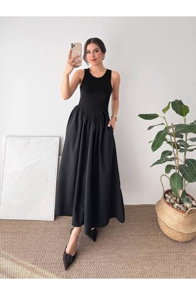 ÇEÇİM Γυναικείο μάξι φόρεμα με χρωματική αντίθεση και εμφάνιση κορσέ