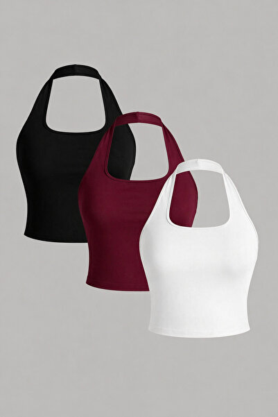 ÖZ PAMUK Γυναικεία Σταυρός Αμάνικη Μπλούζα 3 τεμαχίων με ριγέ Crop Basic