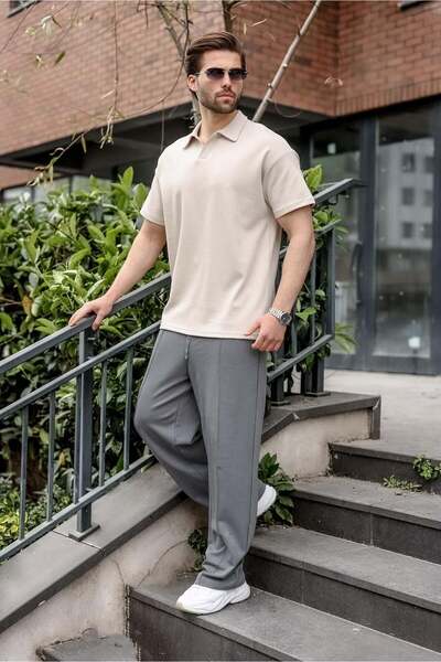 Madmext Ανδρικό μπλουζάκι Oversize με λαιμόκοψη Polo σε χρώμα πέτρας E7185