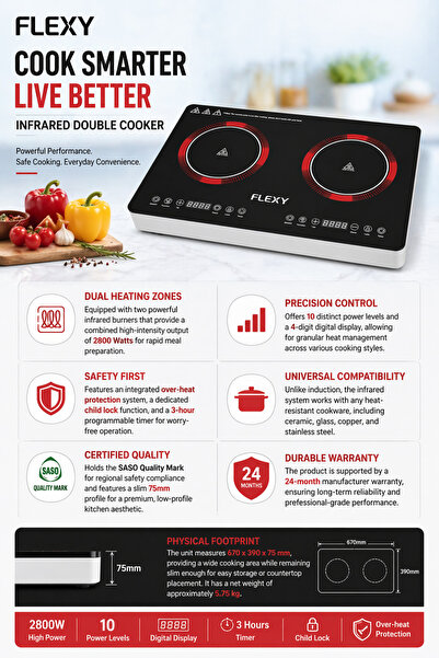 flexy Dual Infrared Cooker: 2800W High-Performance Touch Control Glass Top Stove