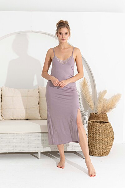 noyalux Women's Viscose Fabric Slit Nightgown with Rope Straps
