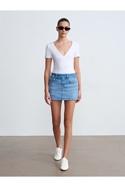 Dilvin 72308 Τζιν σορτς με λεπτομέρεια ζώνης-Μπλε