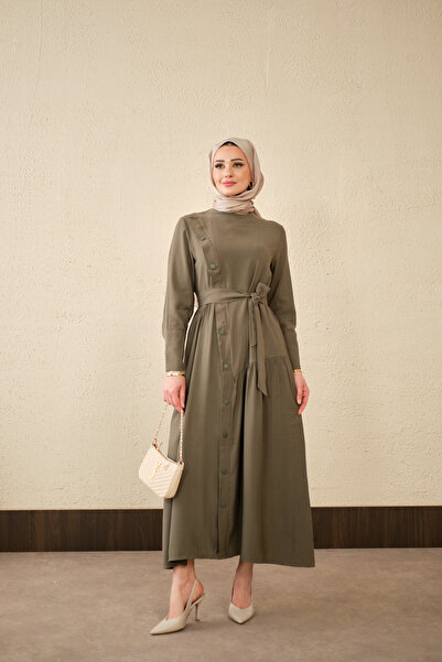 LOCCO Women's Buttoned Skirt, Drawstring Waist, Tie-Up Dress, Khaki Green