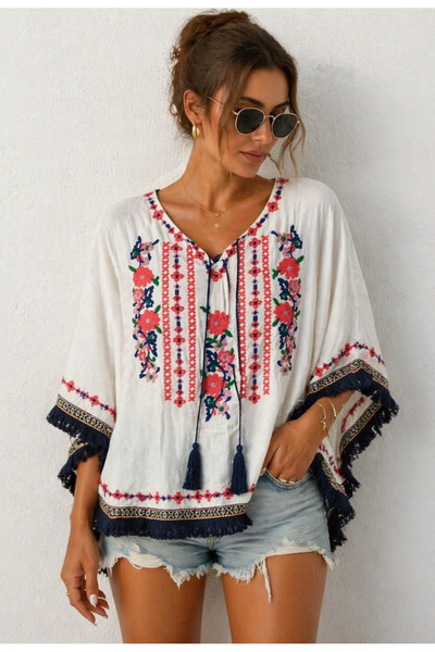 Nobrand Μπλούζα-πόντσο με φλοράλ κεντήματα και φούντες – στυλ μποέμ, ιβουάρ λ...