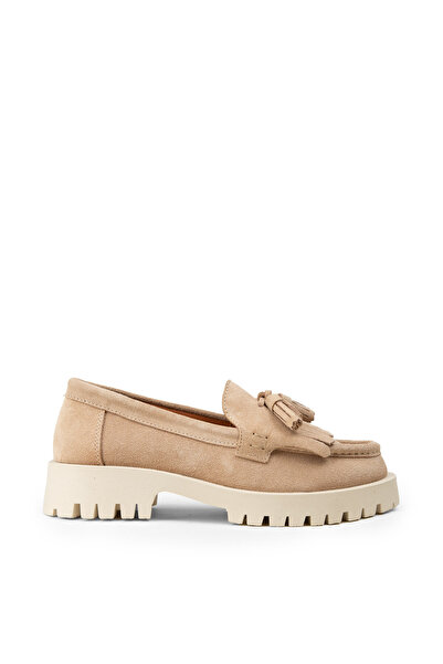 Deery Women's Genuine Suede Beige Tasseled Loafer