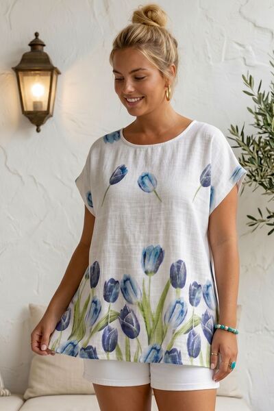 Chiccy Ιταλική λευκή μπλούζα με λαιμόκοψη πισίνα, χαμηλό μανίκι, φλοράλ, casu...