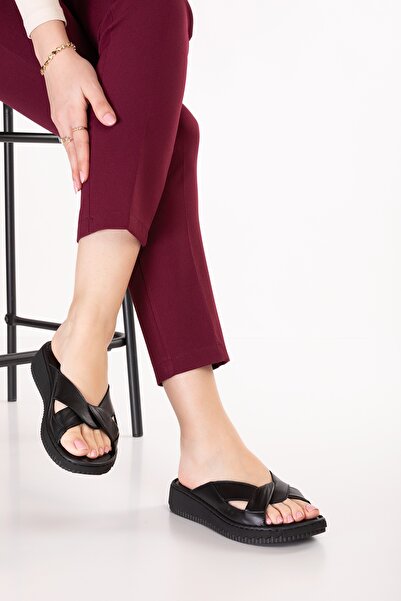 Gondol Genuine Leather Comfort Sole Comfortable Daily Slippers Irm.17 Black