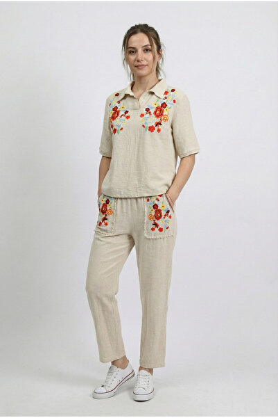 Eliş Şile Bezi Κοντομάνικη Αυθεντική Καλοκαιρινή Λινή Μπλούζα με Σχέδιο Λουλο...
