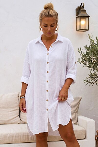 Chiccy Λευκό πουκάμισο με γιακά, 3/4 μανίκια, κρυφές τσέπες με κουμπιά, πλένε...