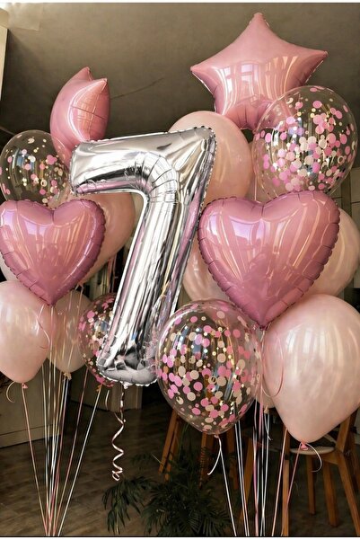 SİNDA 7 YAŞ DOĞUM GÜNÜ PARTİSİ SETİ FOLYO BALON - KALP, YILDIZ FOLYO BALON KO...