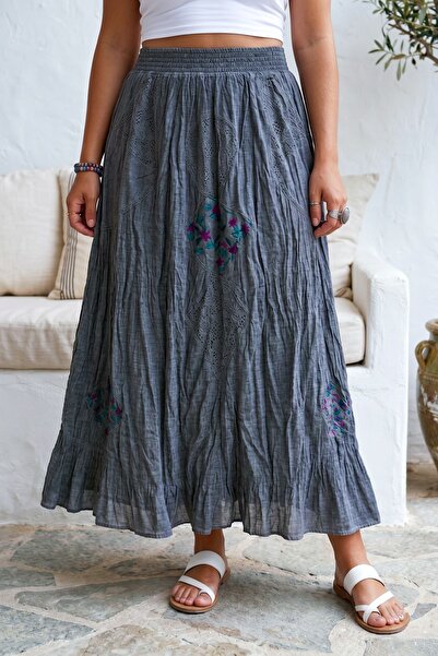 Chiccy Ιταλική γκρι υφαντή φούστα με επένδυση τσέπης, πλενόμενη, με απλικέ πά...