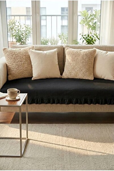 YUNUSOĞLU HOME Κάλυμμα καναπέ από λινό βαμβάκι με βολάν Μαύρο 90x200 εκ. Κομψ...