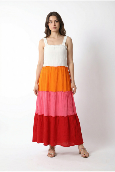 Eliş Şile Bezi Φόρεμα με τετράγωνο λαιμόκοψη και τιράντες Maria Color Block Κ...