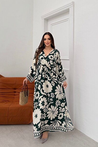 mezqa Μακρύ φόρεμα με πράσινο σχέδιο με λεπτομέρεια σχισμής και ελαστική μέση