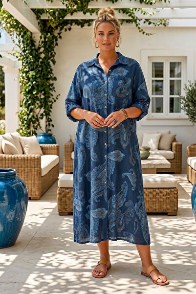 Chiccy Ιταλικό πουκάμισο σε ναυτικό μπλε χρώμα με γιακά, μανίκια 3/4, μοτίβο ...