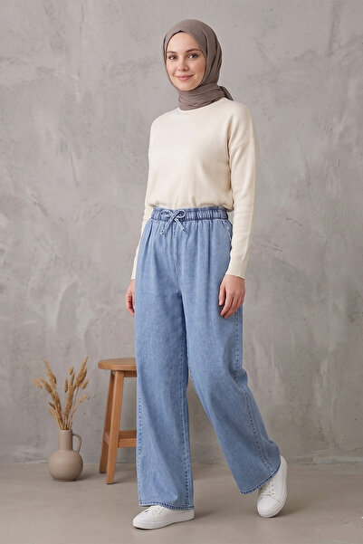 FERHEL Women's Comfortable Fit Wide Leg Jeans with Elastic Waist - Ice Blue