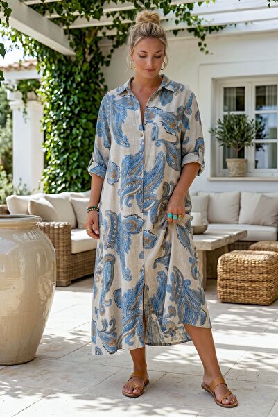 Chiccy Ιταλικό μπλε-μπεζ πουκάμισο με γιακά, μανίκι 3/4, με σχέδιο σάλι, με κ...