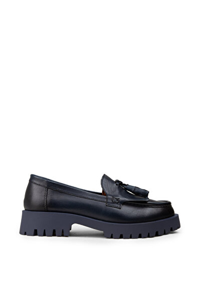 Deery Women's Genuine Leather Navy Blue Tasseled Loafer