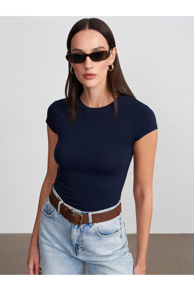 Dilvin 32761 Μπλουζάκι με λαιμόκοψη ποδηλάτου-Σκούρο μπλε