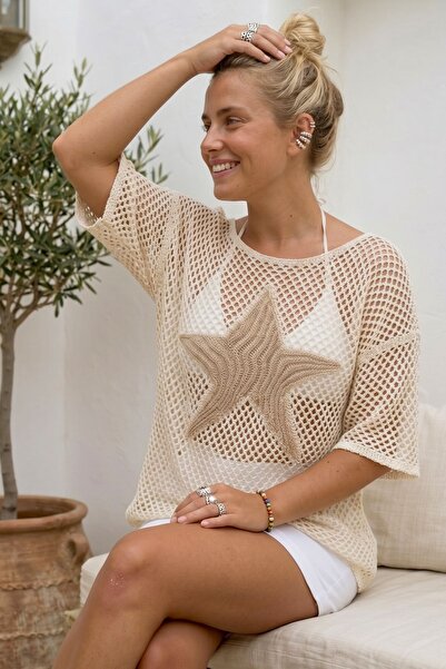 Chiccy Κρεμ Χρώμα Πουλόβερ με Κοντό Μανίκι, Σχέδιο Αστεριών, Διχτυωτό, Casual...