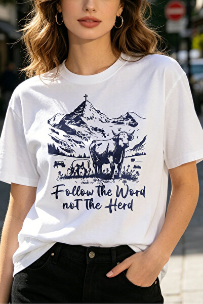 Arabest Womens T Shirts Cow Mountain Scene Follow The Word Not The Herd Graph...