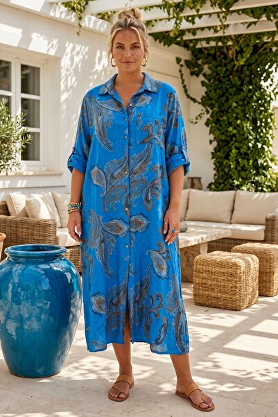 Chiccy Ιταλικό μπλε πουκάμισο με γιακά, μανίκι 3/4, με σχέδιο σάλι, με κουμπι...