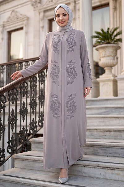hafsamina Floral Stone Embroidered Stylish Hijab Mother's Dress Beige Hm2905