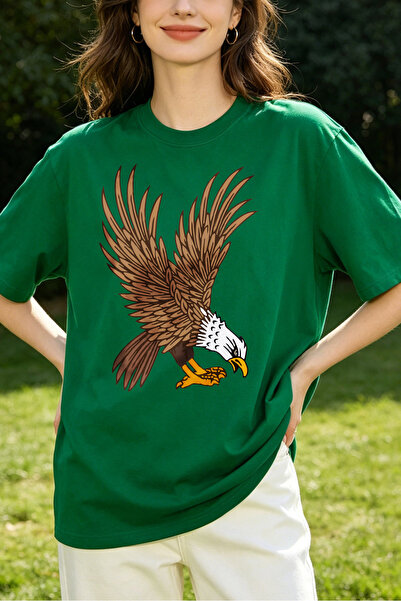 Arabest Womens T Shirts Eagle Print Casual Loose Fit Green Top
