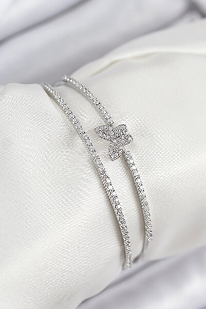 özssa Brass Zircon Stone Butterfly Model Silver Color Women's Bracelet