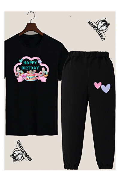 MarkaTurko Happy Birthday Special Design Printed Black Children's T-Shirt-Swe...