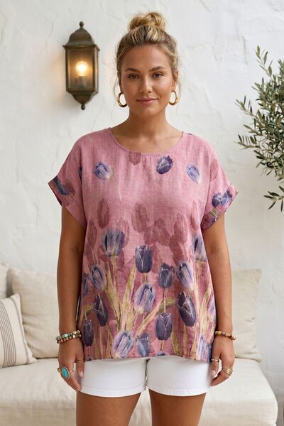 Chiccy Ιταλική μπλούζα με χαμηλό γιακά, χαμηλομάνικη, με λουλουδάτο σχέδιο, c...