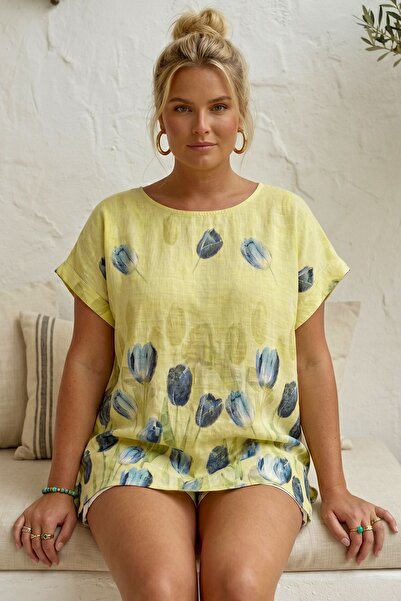 Chiccy Ιταλική κίτρινη μπλούζα με λαιμόκοψη πισίνα, χαμηλό μανίκι, φλοράλ, ca...