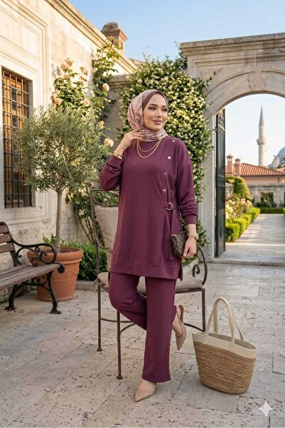 QUAWEAR Crew Neck Side Slit Tie-Up Low Shoulder Tunic and Trousers Two-Piece Set