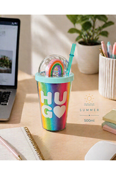 Two Two 500ml Cold Drink Cup with Straw and Lid, Summer Themed Colorful Therm...