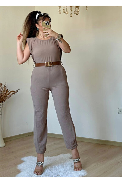 AZRA BUTİK Ολόσωμη φόρμα με ζώνη, μπεζ