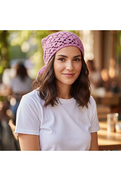 B BUL AKSESUAR Hand Knitted Lace Patterned Bandana – Light Blue Bohemian Summ...