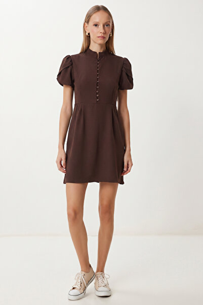 Lovelyİstanbul Μίνι υφαντό φόρεμα με κουμπιά στο γιακά LAX0010 ΚΑΦΕ