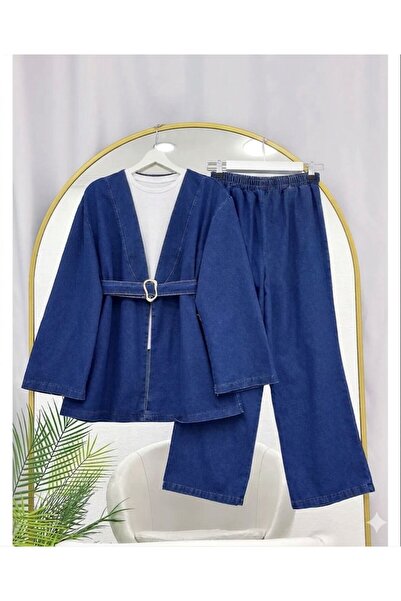 modasindoma Γυναικείο Σετ Κιμονό Τζιν με Λεπτομέρεια Ζώνης