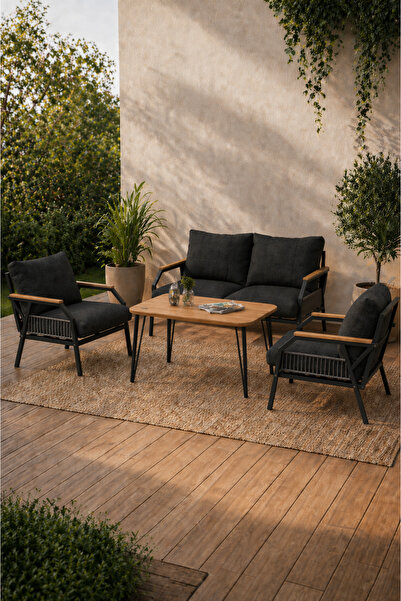 UFUK HOME Daisy Antrasit 2+1+1 Masalı Siyah Bahçe Balkon Takımı Makrome Örgül...