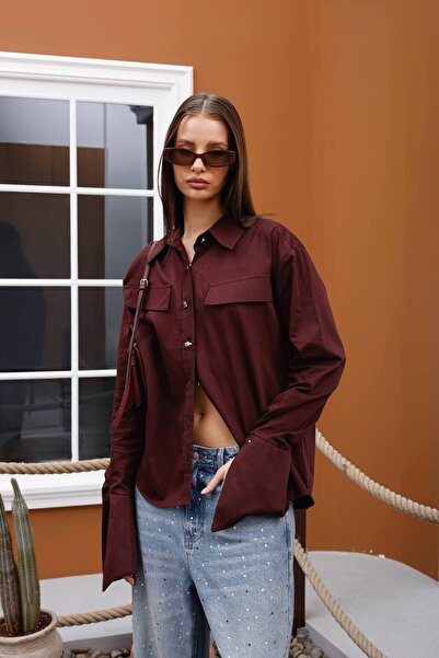 Eka Studios Mürdüm Oversize Çift Cepli Geniş Manşetli Poplin Gömlek Safari Stil