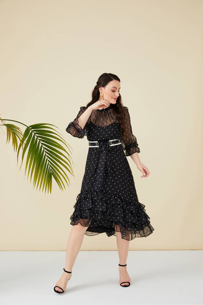 FIRST STYLE فستان تركي غاية في النعومة باللون الأسود وحزام على الخصر بتصميم كشكش