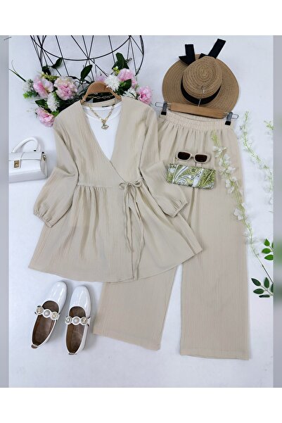 YEDİLALE SET DUBLU: TUNICĂ CU ȘNURURI LA GULER ȘI PANTALONI CU ÎNCHIDERE LA G...