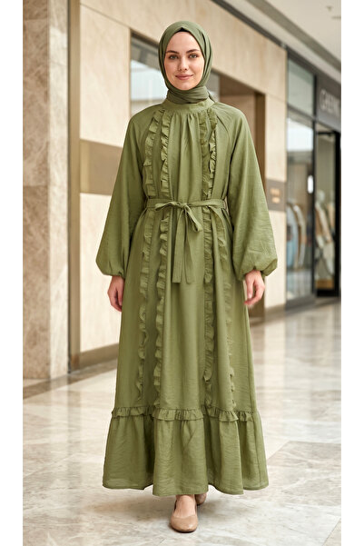 FERHEL Γυναικείο φόρεμα με βολάν, δεμένο στη μέση, με ελαστικά μανίκια και επ...