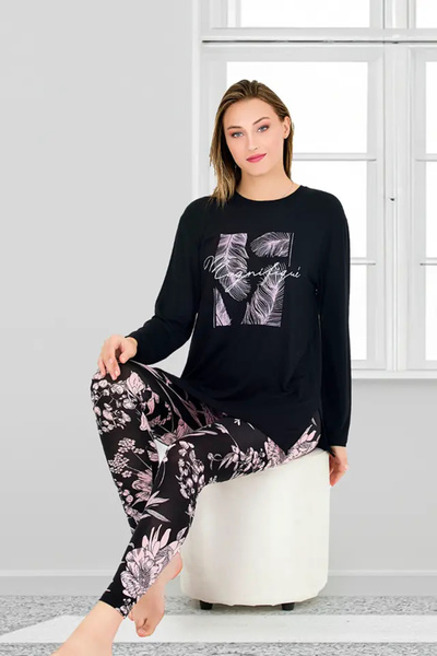 AZRA BUTİK Long Sleeve Pink Floral Pajama Set