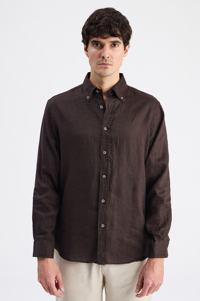 D'S Damat Πουκάμισο Ds Damat Comfort καφέ μονόχρωμο 100% λινό