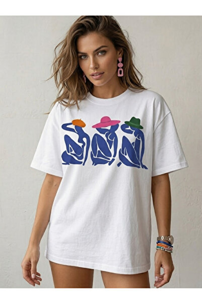 Duzor Unisex κοντομάνικο λευκό μπλουζάκι, Κορίτσια με καπέλο ελευθερίας, Over...