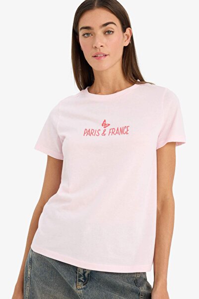 DeFacto Μπλουζάκι με κοντό μανίκι από χτενισμένο βαμβάκι με στάμπα Regular Fi...