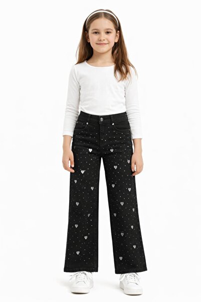 asil butik Kız Çocuk Siyah kalptaş Desenli Jean Pantolon Düz Paça Rahat Kesim