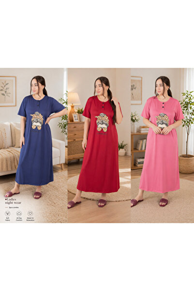 LINELLE Printed Nightwear Maxi Dress 3 Pcs Combo Set, Pink, Blue and Red
